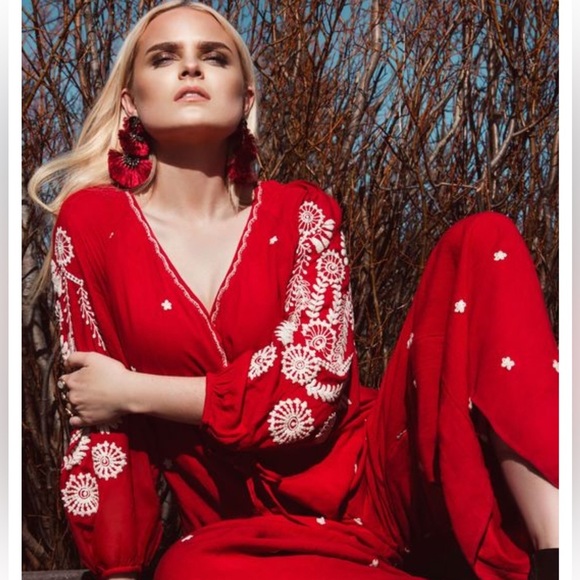 Free People Red Embroidered Romper/Jumpsuit v-neck jumpsuit - Picture 3 of 15